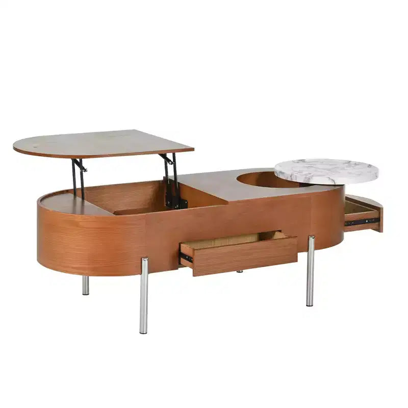 Table Basse Relevable avec Plateau, Table Centrale Ovale avec Rangement, Table de Canapé Moderne en Bois avec Tiroirs pour Salon, 120 cm