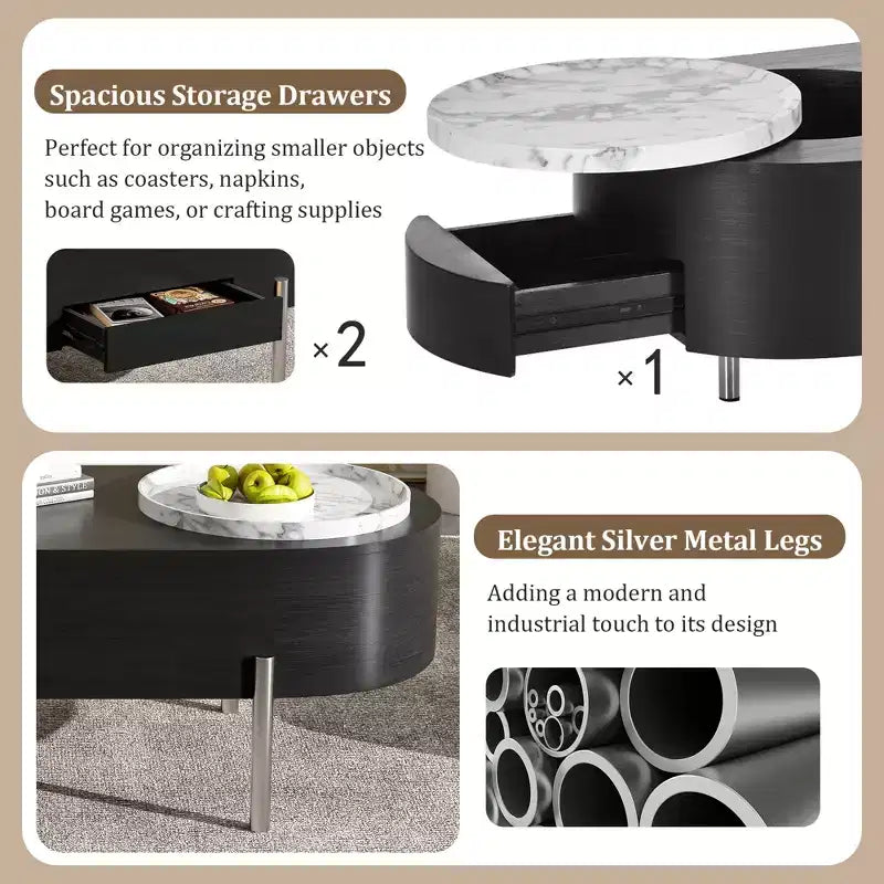 Table Basse Relevable avec Plateau, Table Centrale Ovale avec Rangement, Table de Canapé Moderne en Bois avec Tiroirs pour Salon, 120 cm