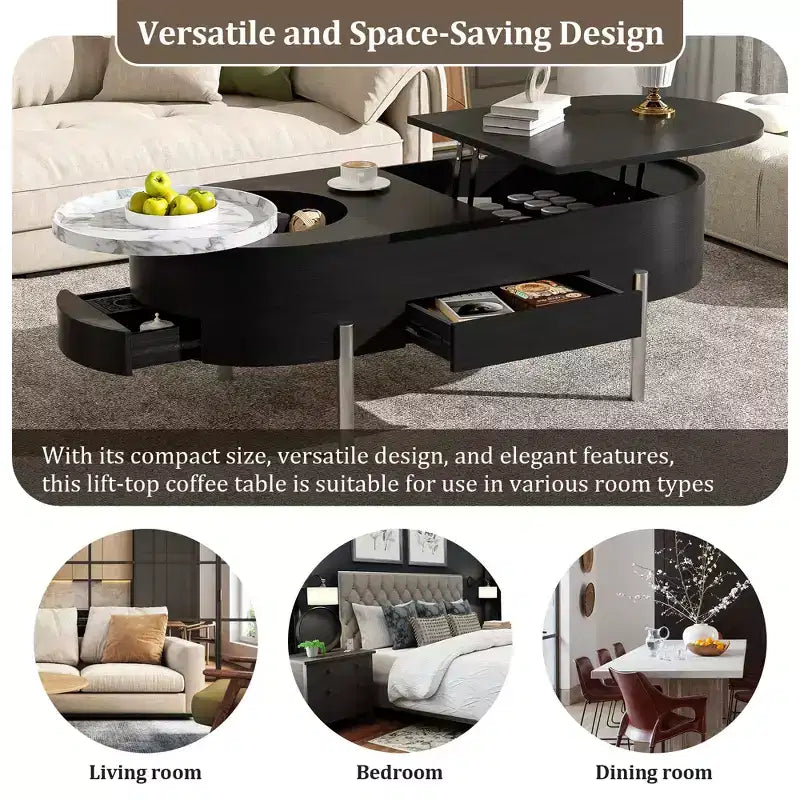 Table Basse Relevable avec Plateau, Table Centrale Ovale avec Rangement, Table de Canapé Moderne en Bois avec Tiroirs pour Salon, 120 cm