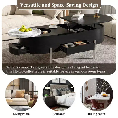 Table Basse Relevable avec Plateau, Table Centrale Ovale avec Rangement, Table de Canapé Moderne en Bois avec Tiroirs pour Salon, 120 cm