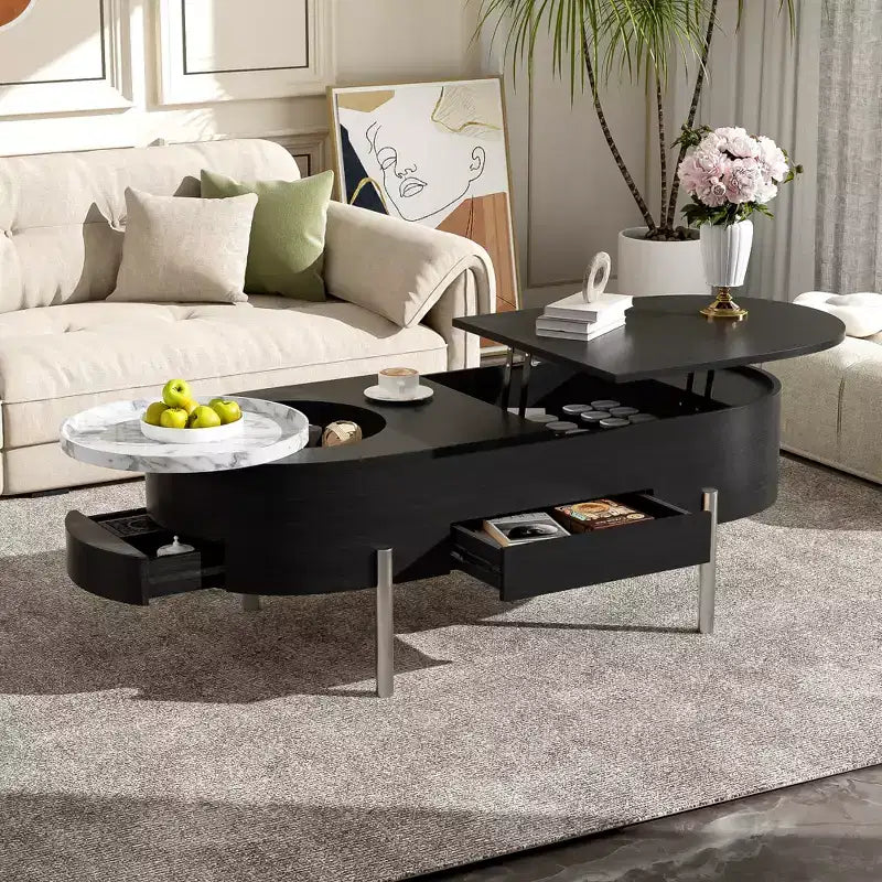 Lift Top Coffee Table with Tray, Oval Center Table with Storage, Modern Wood Sofa Table with Drawers for Living Room, 47.2''