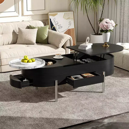 Lift Top Coffee Table with Tray, Oval Center Table with Storage, Modern Wood Sofa Table with Drawers for Living Room, 47.2''