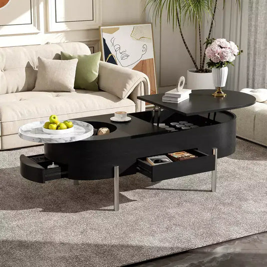 Lift Top Coffee Table with Tray, Oval Center Table with Storage, Modern Wood Sofa Table with Drawers for Living Room, 47.2''