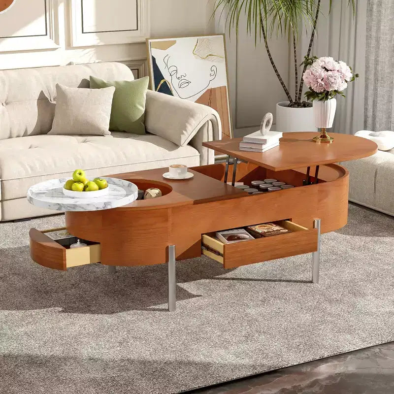 Table Basse Relevable avec Plateau, Table Centrale Ovale avec Rangement, Table de Canapé Moderne en Bois avec Tiroirs pour Salon, 120 cm
