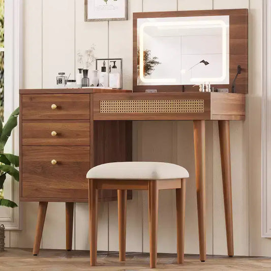 Makeup Vanity Desk Vanity Table Bohemian Dressing Table Set with Cushioned Stool, 3 Color Lighted Mirror & Flip-Top Tabletop, Walnut - ModernLuxe