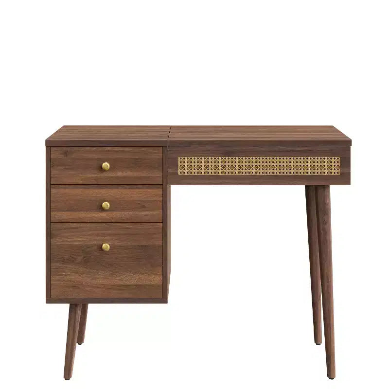 Coiffeuse Maquillage Table de Maquillage Bohème avec Tabouret Rembourré, Miroir Éclairé 3 Couleurs et Plateau Rabattable, Noyer - ModernLuxe