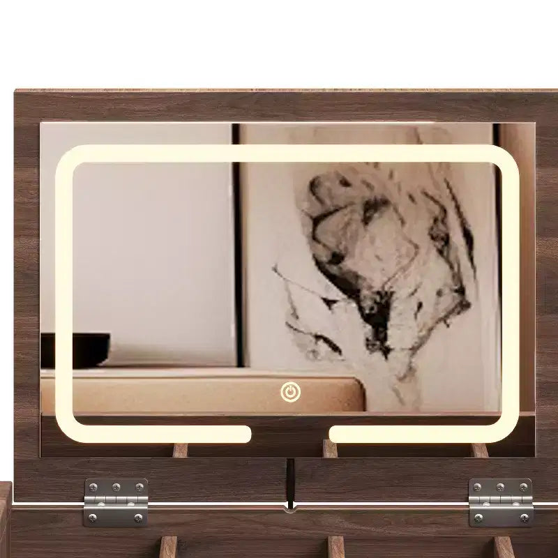 Coiffeuse Maquillage Table de Maquillage Bohème avec Tabouret Rembourré, Miroir Éclairé 3 Couleurs et Plateau Rabattable, Noyer - ModernLuxe
