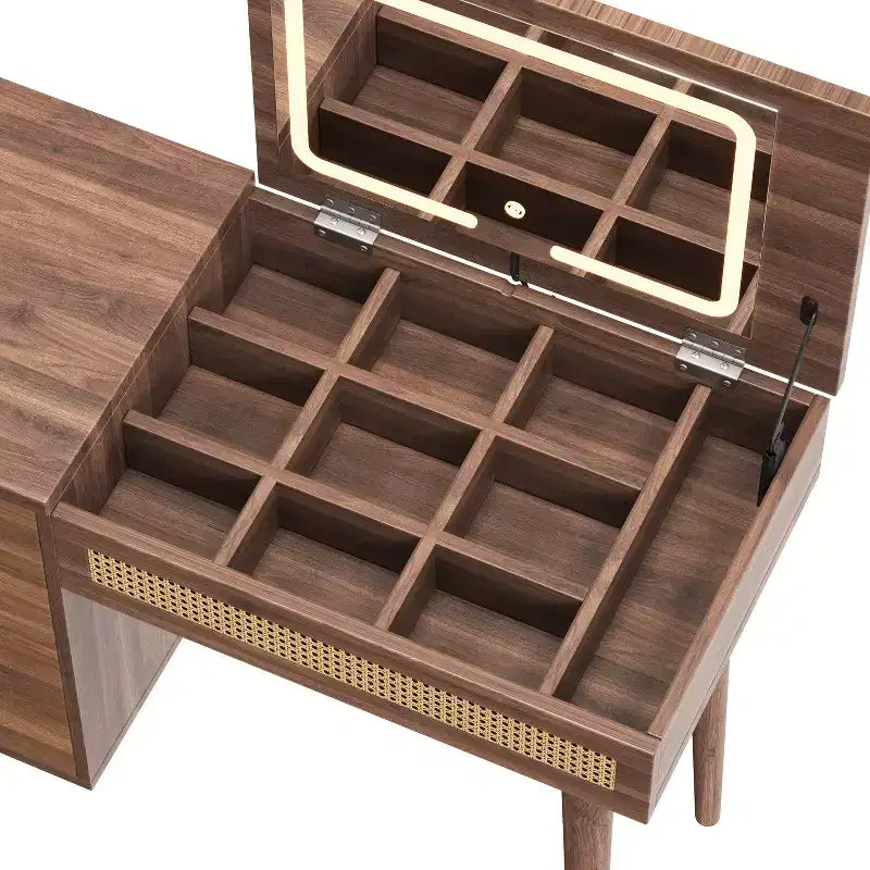 Coiffeuse Maquillage Table de Maquillage Bohème avec Tabouret Rembourré, Miroir Éclairé 3 Couleurs et Plateau Rabattable, Noyer - ModernLuxe