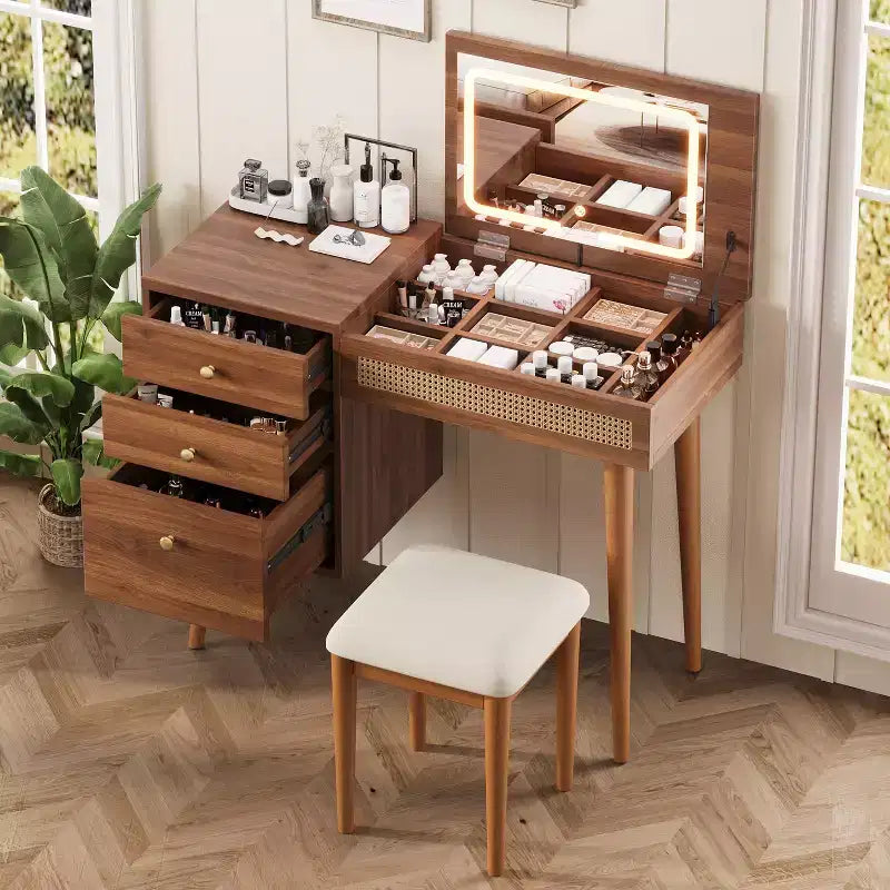 Coiffeuse Maquillage Table de Maquillage Bohème avec Tabouret Rembourré, Miroir Éclairé 3 Couleurs et Plateau Rabattable, Noyer - ModernLuxe