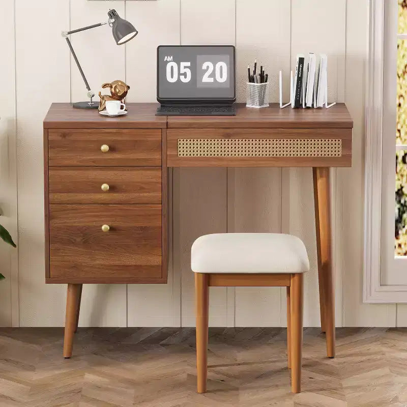 Coiffeuse Maquillage Table de Maquillage Bohème avec Tabouret Rembourré, Miroir Éclairé 3 Couleurs et Plateau Rabattable, Noyer - ModernLuxe