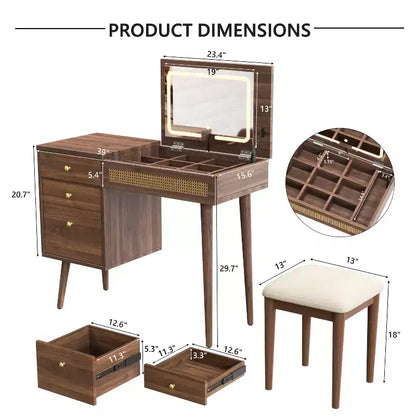 Coiffeuse Maquillage Table de Maquillage Bohème avec Tabouret Rembourré, Miroir Éclairé 3 Couleurs et Plateau Rabattable, Noyer - ModernLuxe