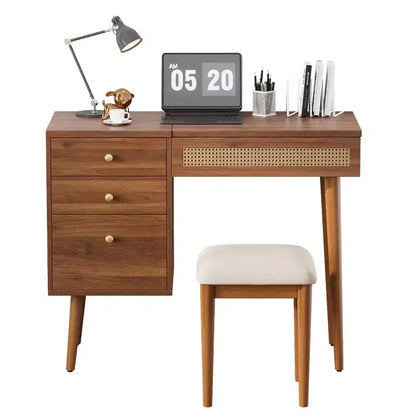 Coiffeuse Maquillage Table de Maquillage Bohème avec Tabouret Rembourré, Miroir Éclairé 3 Couleurs et Plateau Rabattable, Noyer - ModernLuxe