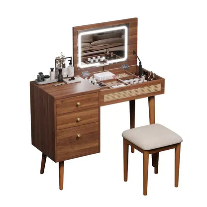 Coiffeuse Maquillage Table de Maquillage Bohème avec Tabouret Rembourré, Miroir Éclairé 3 Couleurs et Plateau Rabattable, Noyer - ModernLuxe