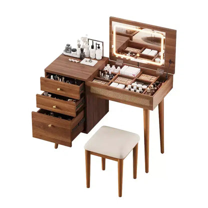 Coiffeuse Maquillage Table de Maquillage Bohème avec Tabouret Rembourré, Miroir Éclairé 3 Couleurs et Plateau Rabattable, Noyer - ModernLuxe