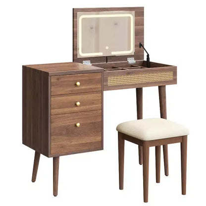 Coiffeuse Maquillage Table de Maquillage Bohème avec Tabouret Rembourré, Miroir Éclairé 3 Couleurs et Plateau Rabattable, Noyer - ModernLuxe