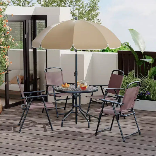 Outdoor Dining Set, 4 folding chairs and a sunshade, perfect for patios and gardens. Easy to assemble and store.