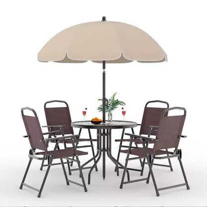 Ensemble repas d'extérieur, 4 chaises pliantes et un parasol, parfait pour les terrasses et jardins. Facile à monter et à ranger.