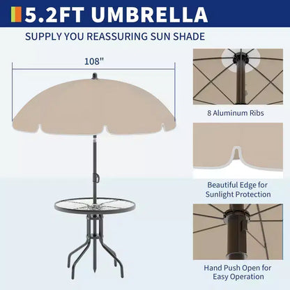 Ensemble repas d'extérieur, 4 chaises pliantes et un parasol, parfait pour les terrasses et jardins. Facile à monter et à ranger.