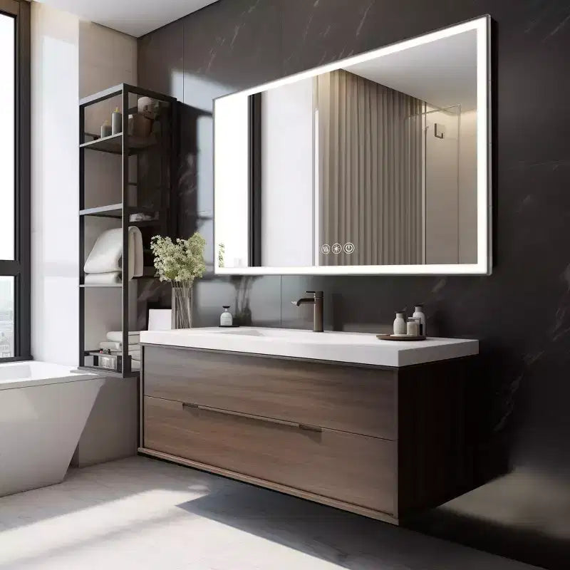 Miroir de courtoisie de salle de bain encadré en aluminium à LED, 3 couleurs, 48 x 32 pouces, avec éclairage biseauté à 45° et fonction anti-buée
