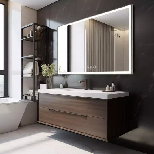 Miroir de courtoisie de salle de bain encadré en aluminium à LED, 3 couleurs, 48 x 32 pouces, avec éclairage biseauté à 45° et fonction anti-buée