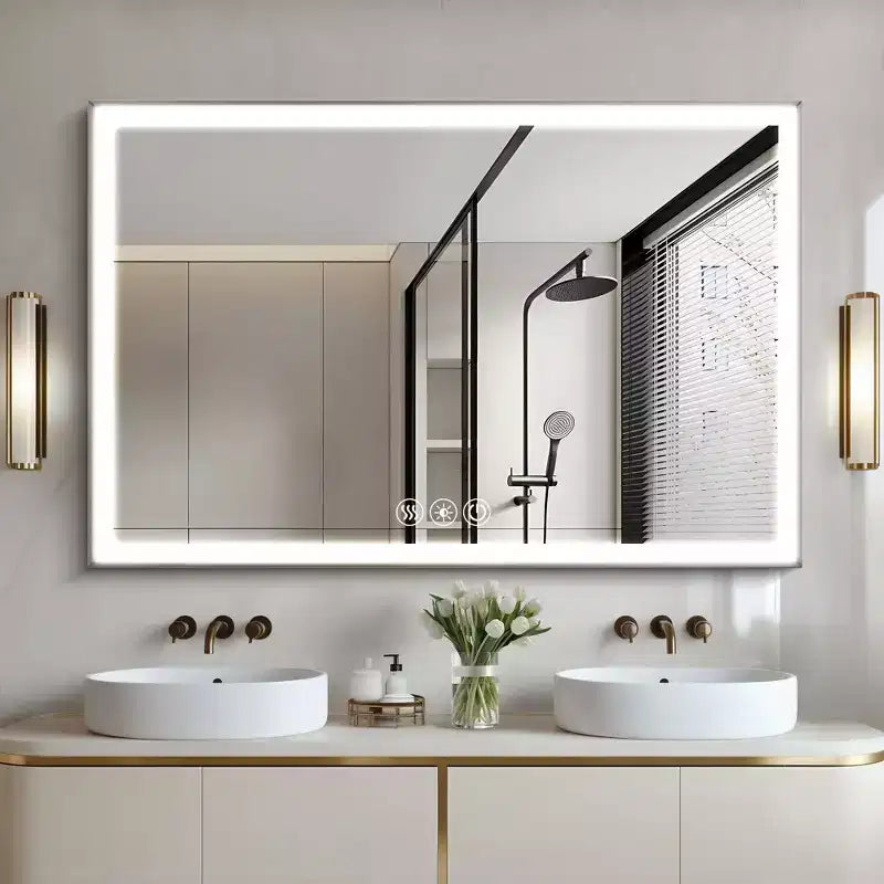 Miroir de courtoisie de salle de bain encadré en aluminium à LED, 3 couleurs, 48 x 32 pouces, avec éclairage biseauté à 45° et fonction anti-buée