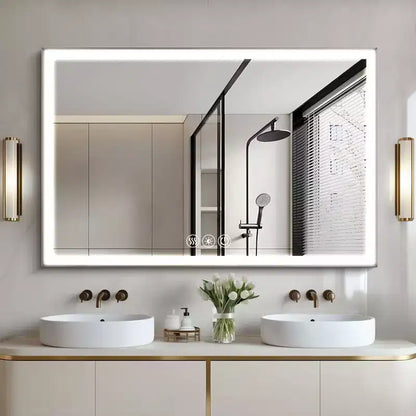 Miroir de courtoisie de salle de bain encadré en aluminium à LED, 3 couleurs, 48 x 32 pouces, avec éclairage biseauté à 45° et fonction anti-buée