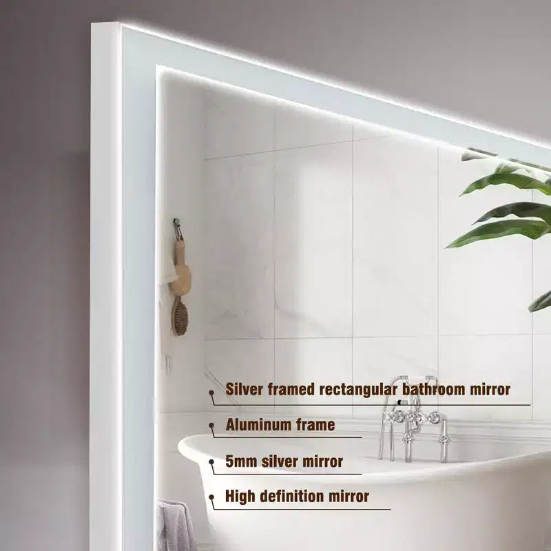 Miroir de courtoisie de salle de bain encadré en aluminium à LED, 3 couleurs, 48 x 32 pouces, avec éclairage biseauté à 45° et fonction anti-buée