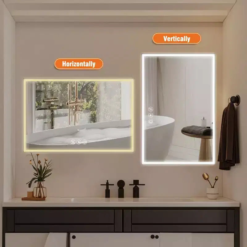 Miroir de courtoisie de salle de bain encadré en aluminium à LED, 3 couleurs, 48 x 32 pouces, avec éclairage biseauté à 45° et fonction anti-buée