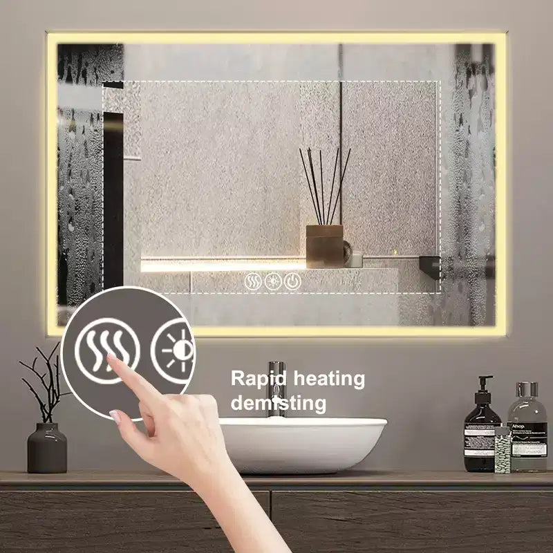 Miroir de courtoisie de salle de bain encadré en aluminium à LED, 3 couleurs, 48 x 32 pouces, avec éclairage biseauté à 45° et fonction anti-buée
