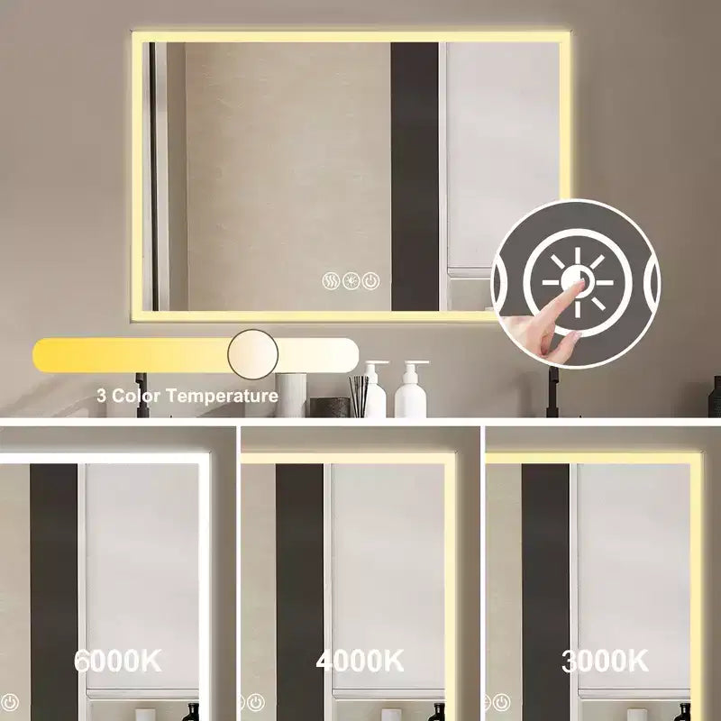 Miroir de courtoisie de salle de bain encadré en aluminium à LED, 3 couleurs, 48 x 32 pouces, avec éclairage biseauté à 45° et fonction anti-buée