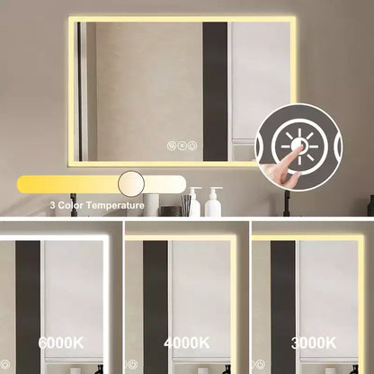 Miroir de courtoisie de salle de bain encadré en aluminium à LED, 3 couleurs, 48 x 32 pouces, avec éclairage biseauté à 45° et fonction anti-buée