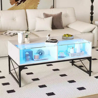 Table basse LED Costway avec 4 cubes de rangement, plateau en faux marbre et verre trempé pour salon, blanc