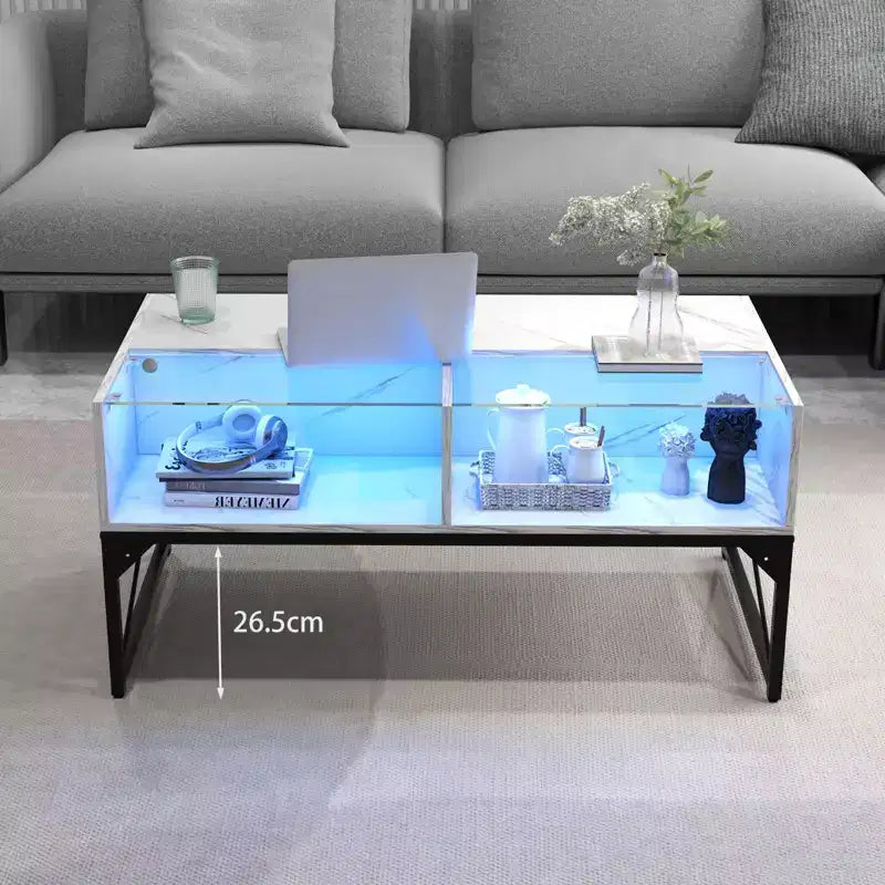 Table basse LED Costway avec 4 cubes de rangement, plateau en faux marbre et verre trempé pour salon, blanc
