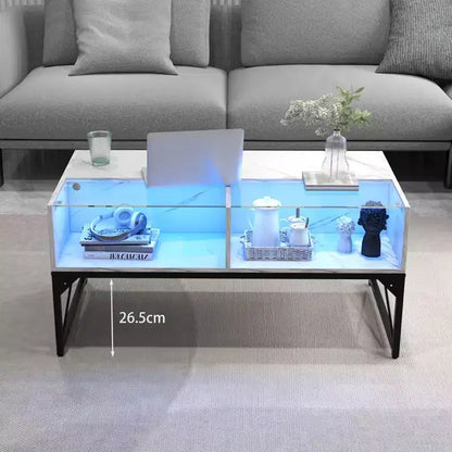 Table basse LED Costway avec 4 cubes de rangement, plateau en faux marbre et verre trempé pour salon, blanc