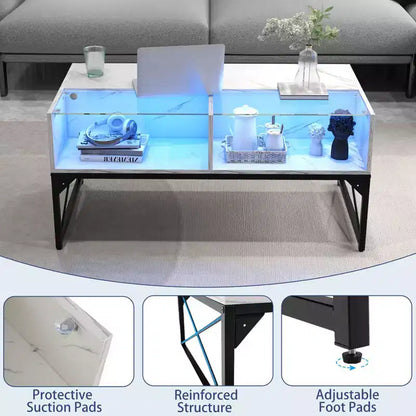 Table basse LED Costway avec 4 cubes de rangement, plateau en faux marbre et verre trempé pour salon, blanc
