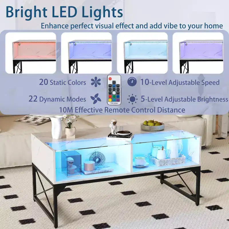 Table basse LED Costway avec 4 cubes de rangement, plateau en faux marbre et verre trempé pour salon, blanc