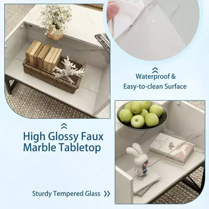 Table basse LED Costway avec 4 cubes de rangement, plateau en faux marbre et verre trempé pour salon, blanc
