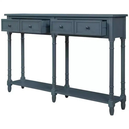Table console étroite vintage avec rangement, table d'entrée en bois avec 4 tiroirs et étagère ouverte, table de canapé rétro pour salon et couloir