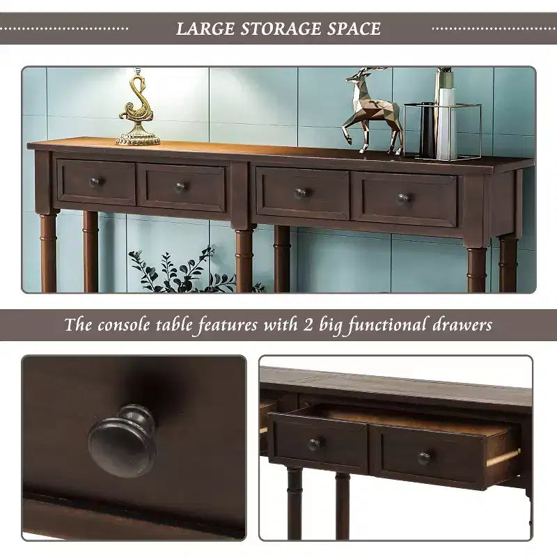 Table console étroite vintage avec rangement, table d'entrée en bois avec 4 tiroirs et étagère ouverte, table de canapé rétro pour salon et couloir