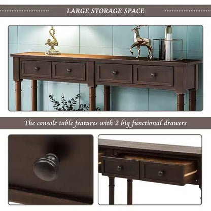 Table console étroite vintage avec rangement, table d'entrée en bois avec 4 tiroirs et étagère ouverte, table de canapé rétro pour salon et couloir