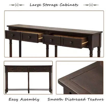 Table console étroite vintage avec rangement, table d'entrée en bois avec 4 tiroirs et étagère ouverte, table de canapé rétro pour salon et couloir