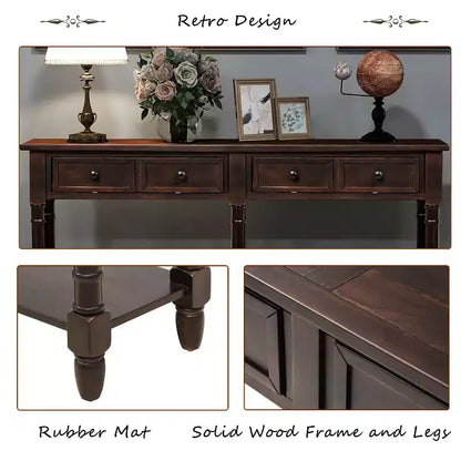 Table console étroite vintage avec rangement, table d'entrée en bois avec 4 tiroirs et étagère ouverte, table de canapé rétro pour salon et couloir