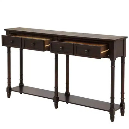 Table console étroite vintage avec rangement, table d'entrée en bois avec 4 tiroirs et étagère ouverte, table de canapé rétro pour salon et couloir