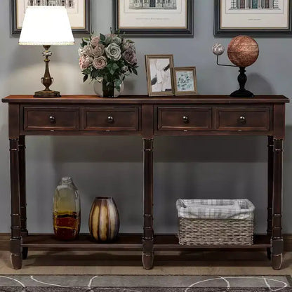 Table console étroite vintage avec rangement, table d'entrée en bois avec 4 tiroirs et étagère ouverte, table de canapé rétro pour salon et couloir
