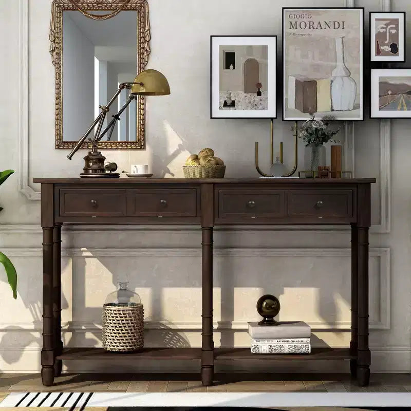Table console étroite vintage avec rangement, table d'entrée en bois avec 4 tiroirs et étagère ouverte, table de canapé rétro pour salon et couloir