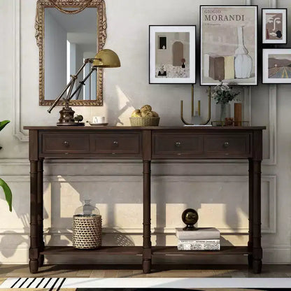 Table console étroite vintage avec rangement, table d'entrée en bois avec 4 tiroirs et étagère ouverte, table de canapé rétro pour salon et couloir