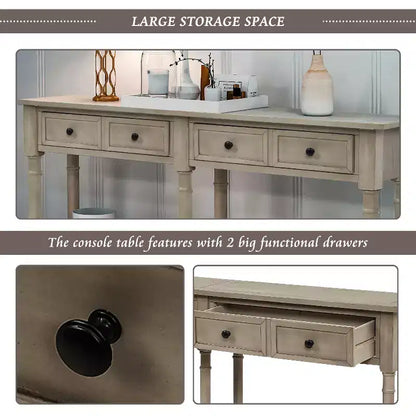 Table console étroite vintage avec rangement, table d'entrée en bois avec 4 tiroirs et étagère ouverte, table de canapé rétro pour salon et couloir