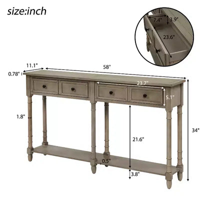 Table console étroite vintage avec rangement, table d'entrée en bois avec 4 tiroirs et étagère ouverte, table de canapé rétro pour salon et couloir
