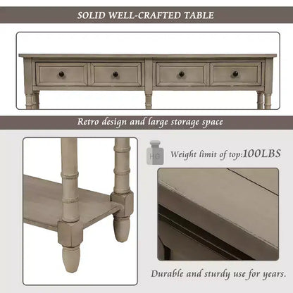 Table console étroite vintage avec rangement, table d'entrée en bois avec 4 tiroirs et étagère ouverte, table de canapé rétro pour salon et couloir