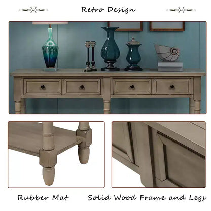 Table console étroite vintage avec rangement, table d'entrée en bois avec 4 tiroirs et étagère ouverte, table de canapé rétro pour salon et couloir